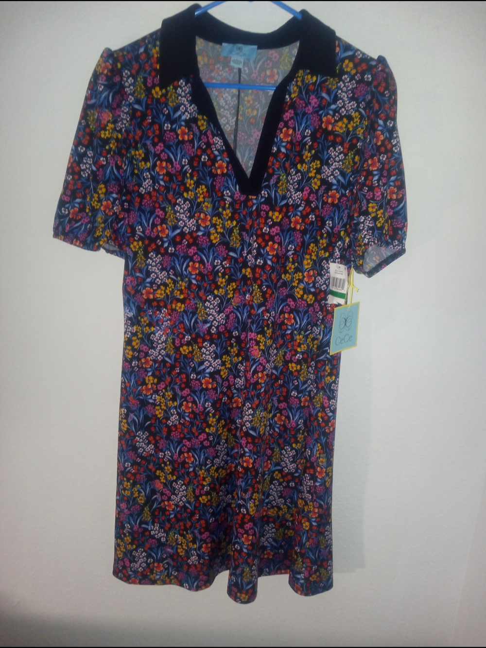 CeCe Black Floral Midi Dress with Pink, Orange & Yellow Flowers Blue Leaves